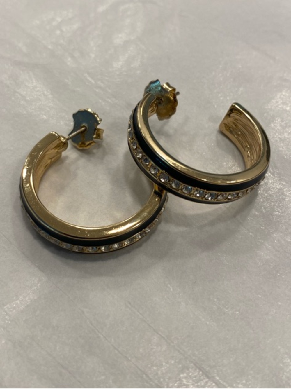 Gold Navy Enamel Rhinestone Hoop Earrings Medium - Picture 5 of 12